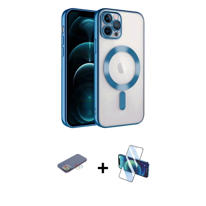 MARSİLYAN™- iPhone 13 Pro Kılıf Nova Işık Özel Seri - Siyah 3D Antistatik Seramik Nano Ekran Koruyucu + Mavi Renkli Kamera Lens Koruma Cam