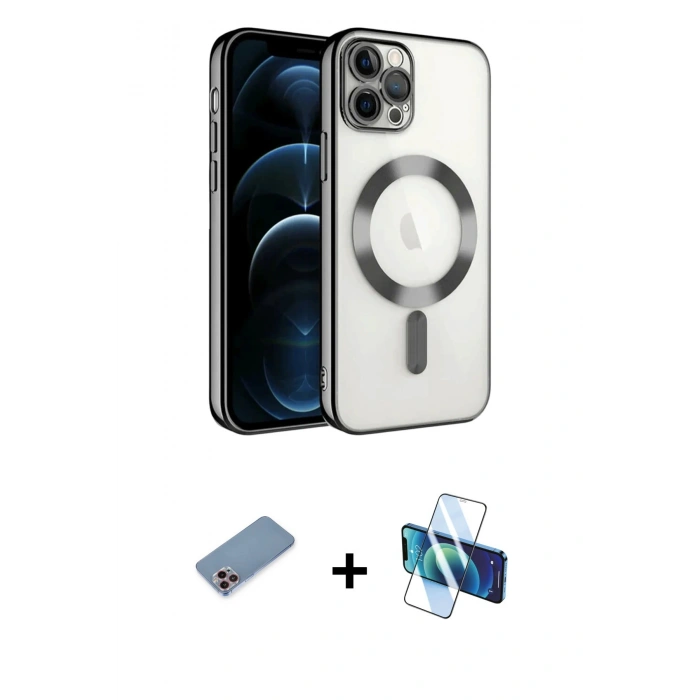 MARSİLYAN™- iPhone 13 Pro Kılıf Nova Işık Özel Seri - Siyah 3D Antistatik Seramik Nano Ekran Koruyucu + Shine Kamera Lens Koruma Cam - PE
