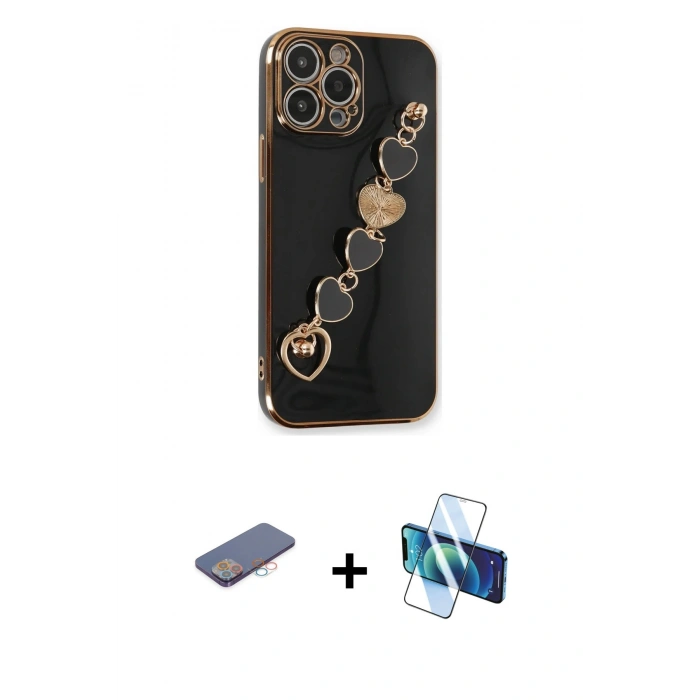 MARSİLYAN™- iPhone 13 Pro Kılıf Nova Işık Prime - Siyah 3D Antistatik Seramik Nano Ekran Koruyucu + Renkli Kamera Lens Koruma Cam - PE