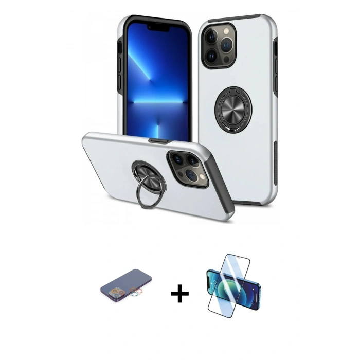 MARSİLYAN™- iPhone 13 Pro Kılıf Odak Form Prime - Siyah 3D Antistatik Seramik Nano Ekran Koruyucu + Pembe Renkli Kamera Lens Koruma Cam
