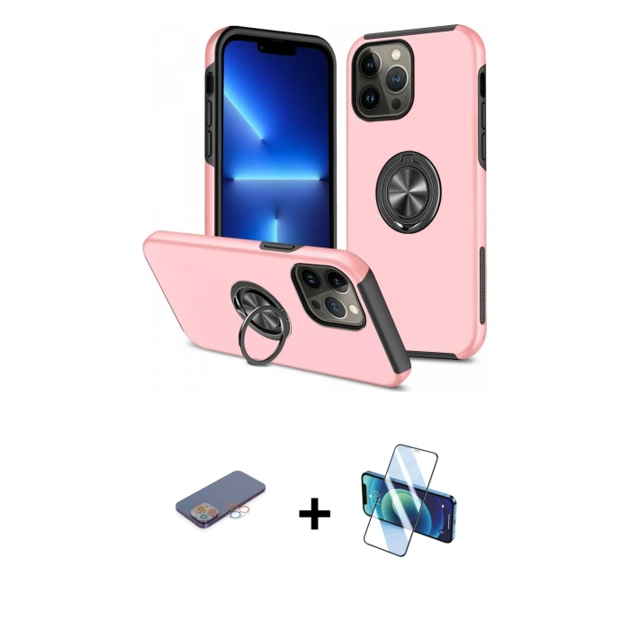 MARSİLYAN™- iPhone 13 Pro Kılıf Odak Form Prime - Siyah 3D Antistatik Seramik Nano Ekran Koruyucu + Pembe Renkli Kamera Lens Koruma Cam