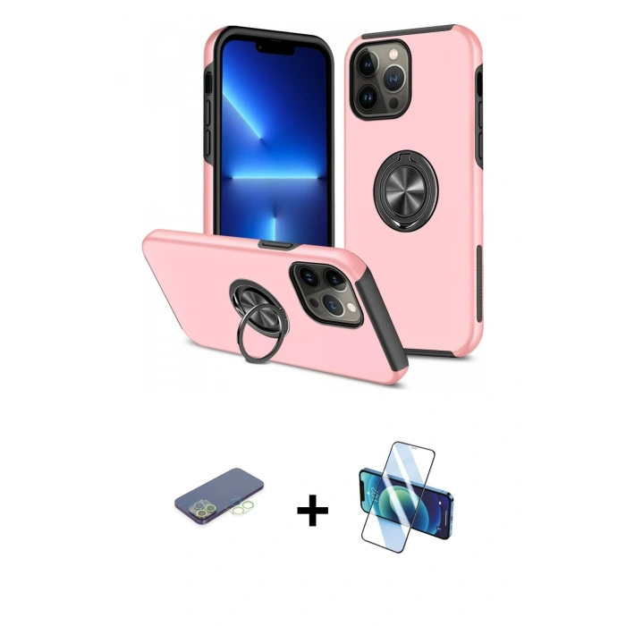 MARSİLYAN™- iPhone 13 Pro Kılıf Odak Form Prime - Siyah 3D Antistatik Seramik Nano Ekran Koruyucu + Yeşil Renkli Kamera Lens Koruma Cam
