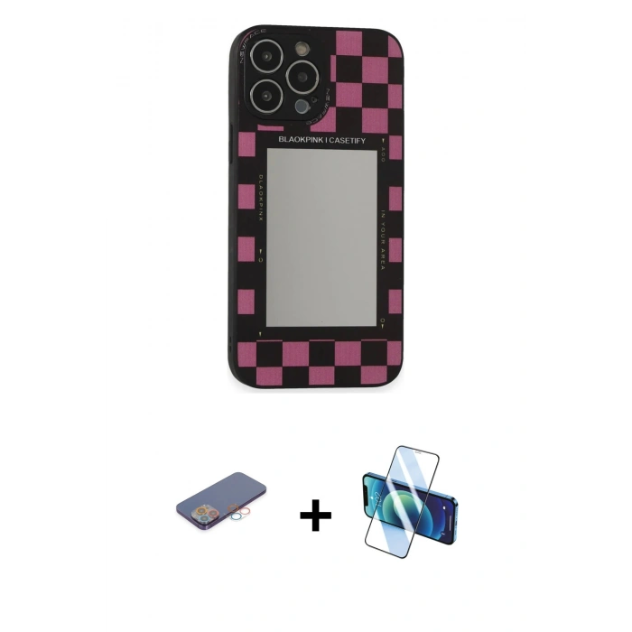 MARSİLYAN™- iPhone 13 Pro Kılıf Odak Klasik Serisi - Siyah 3D Antistatik Seramik Nano Ekran Koruyucu + Renkli Kamera Lens Koruma Cam - PE