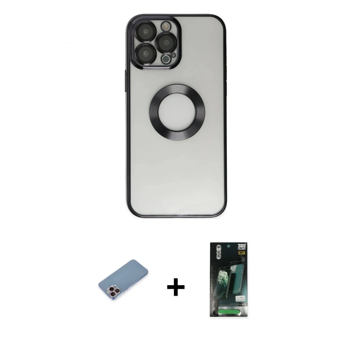 MARSİLYAN™- iPhone 13 Pro Kılıf Pusula Form - Şeffaf 360 Full Body Arka Koruyucu + Shine Kamera Lens Koruma Cam - PE