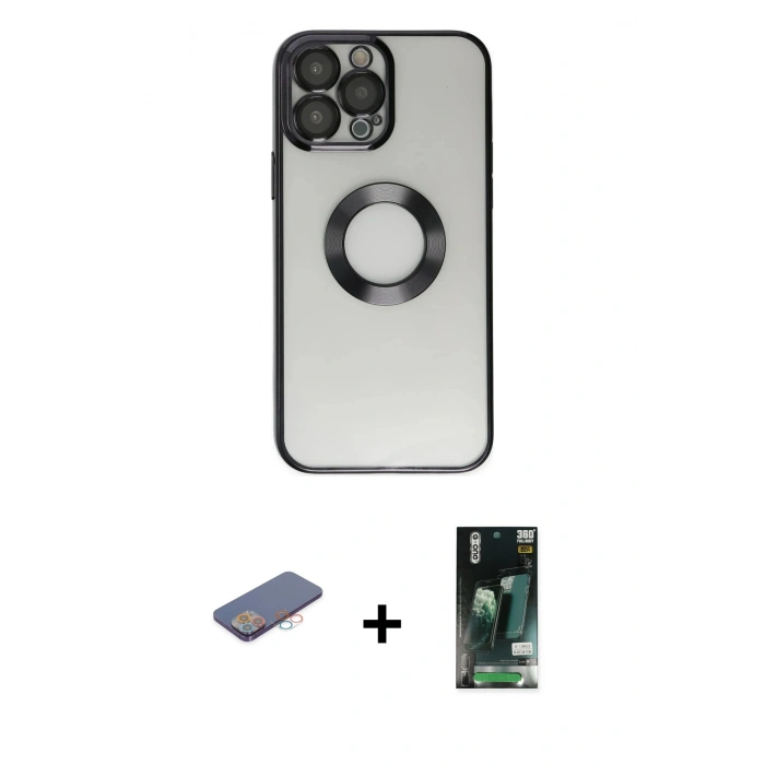 MARSİLYAN™- iPhone 13 Pro Kılıf Pusula Form - Şeffaf 360 Full Body Arka Koruyucu + Renkli Kamera Lens Koruma Cam - PE