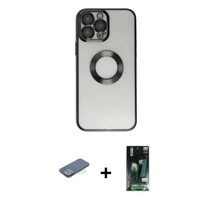 MARSİLYAN™- iPhone 13 Pro Kılıf Pusula Form - Şeffaf 360 Full Body Arka Koruyucu + Renkli Kamera Lens Koruma Cam - YL