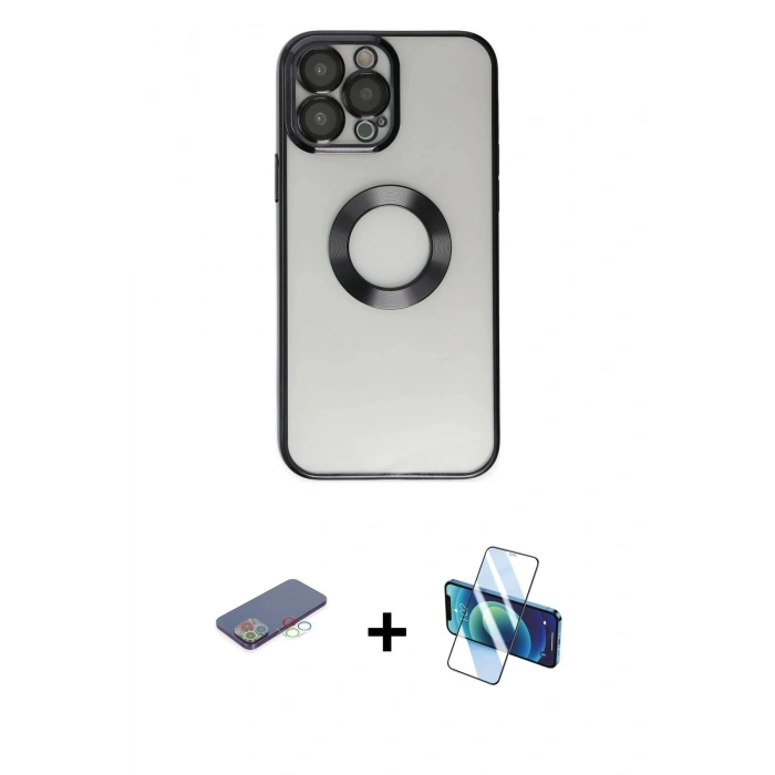 MARSİLYAN™- iPhone 13 Pro Kılıf Pusula Form - Siyah 3D Antistatik Seramik Nano Ekran Koruyucu + Renkli Kamera Lens Koruma Cam - MI