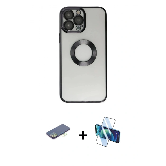 MARSİLYAN™- iPhone 13 Pro Kılıf Pusula Form - Siyah 3D Antistatik Seramik Nano Ekran Koruyucu + Renkli Kamera Lens Koruma Cam - YL