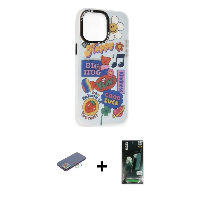 MARSİLYAN™- iPhone 13 Pro Kılıf Siluet Çizgi Koleksiyonu - Şeffaf 360 Full Body Arka Koruyucu + Renkli Kamera Lens Koruma Cam - MI