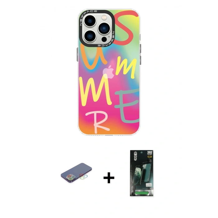 MARSİLYAN™- iPhone 13 Pro Kılıf Siluet Çizgi Koleksiyonu - Şeffaf 360 Full Body Arka Koruyucu + Renkli Kamera Lens Koruma Cam - MI