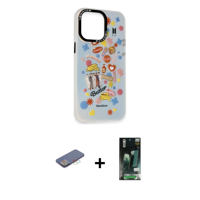 MARSİLYAN™- iPhone 13 Pro Kılıf Siluet Çizgi Koleksiyonu - Şeffaf 360 Full Body Arka Koruyucu + Renkli Kamera Lens Koruma Cam - MI