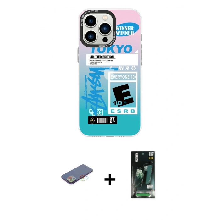 MARSİLYAN™- iPhone 13 Pro Kılıf Siluet Çizgi Koleksiyonu - Şeffaf 360 Full Body Arka Koruyucu + Renkli Kamera Lens Koruma Cam - MI