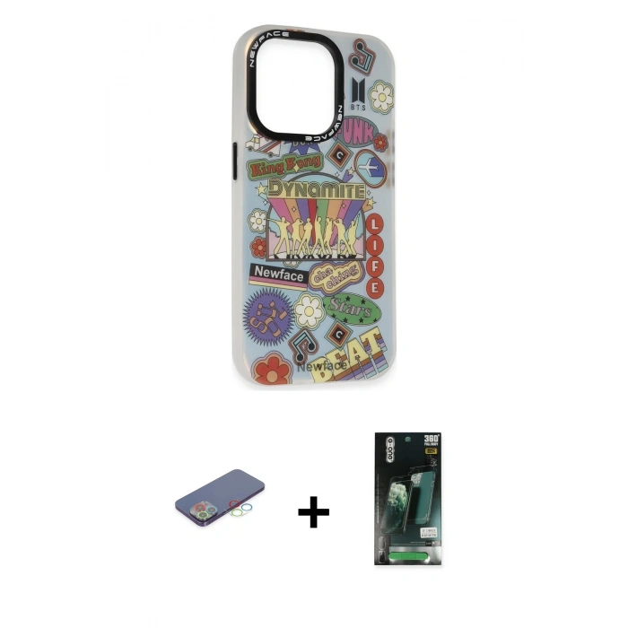MARSİLYAN™- iPhone 13 Pro Kılıf Siluet Çizgi Koleksiyonu - Şeffaf 360 Full Body Arka Koruyucu + Renkli Kamera Lens Koruma Cam - MI