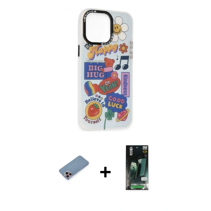 MARSİLYAN™- iPhone 13 Pro Kılıf Siluet Çizgi Koleksiyonu - Şeffaf 360 Full Body Arka Koruyucu + Shine Kamera Lens Koruma Cam - PE