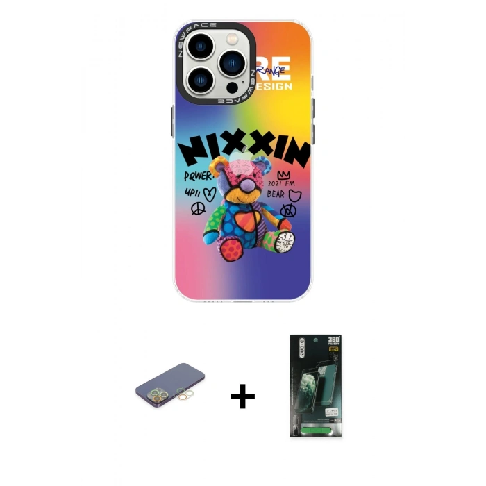 MARSİLYAN™- iPhone 13 Pro Kılıf Siluet Çizgi Koleksiyonu - Şeffaf 360 Full Body Arka Koruyucu + Renkli Kamera Lens Koruma Cam - SI