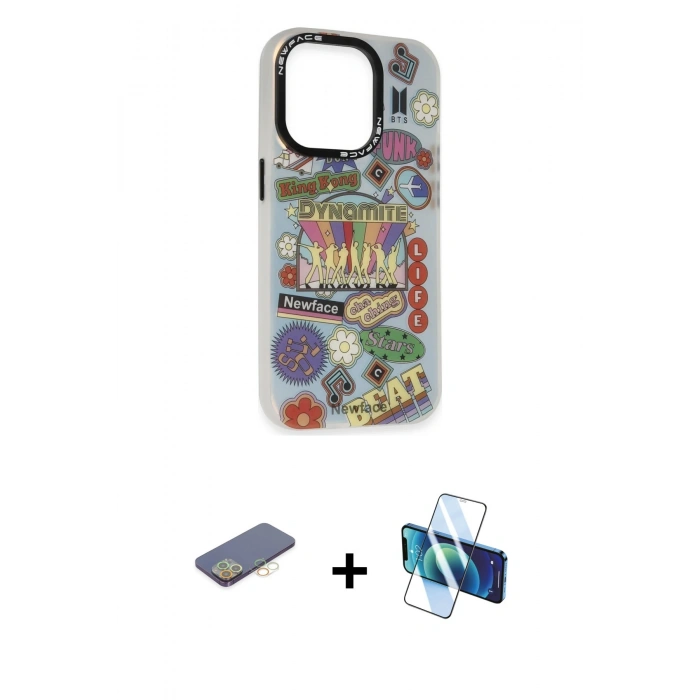 MARSİLYAN™- iPhone 13 Pro Kılıf Siluet Çizgi Koleksiyonu - Siyah 3D Antistatik Seramik Nano Ekran Koruyucu + Renkli Kamera Lens Koruma Cam - SI