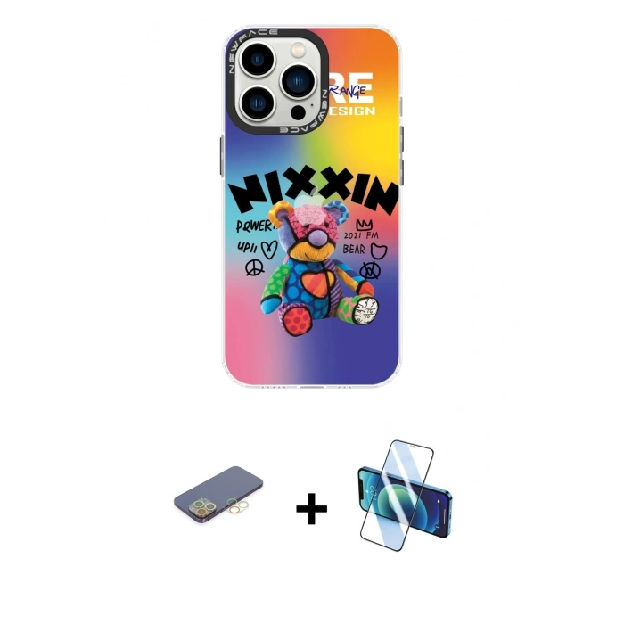 MARSİLYAN™- iPhone 13 Pro Kılıf Siluet Çizgi Koleksiyonu - Siyah 3D Antistatik Seramik Nano Ekran Koruyucu + Renkli Kamera Lens Koruma Cam - SI