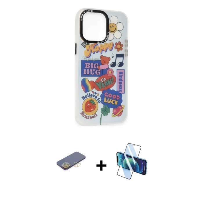 MARSİLYAN™- iPhone 13 Pro Kılıf Siluet Çizgi Koleksiyonu - Siyah 3D Antistatik Seramik Nano Ekran Koruyucu + Renkli Kamera Lens Koruma Cam - SI