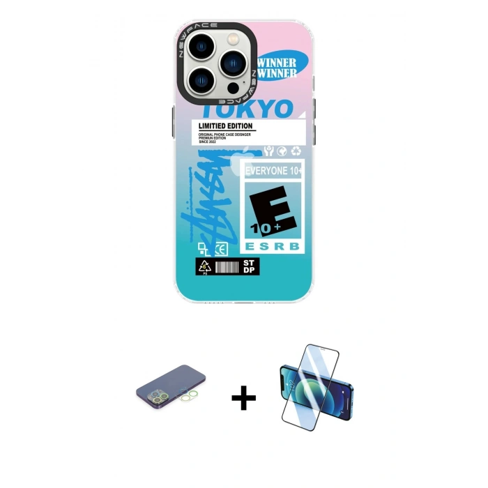 MARSİLYAN™- iPhone 13 Pro Kılıf Siluet Çizgi Koleksiyonu - Siyah 3D Antistatik Seramik Nano Ekran Koruyucu + Renkli Kamera Lens Koruma Cam - YL