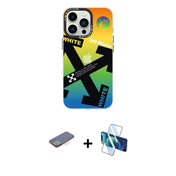 MARSİLYAN™- iPhone 13 Pro Kılıf Siluet Çizgi Koleksiyonu - Siyah 3D Antistatik Seramik Nano Ekran Koruyucu + Renkli Kamera Lens Koruma Cam - SI