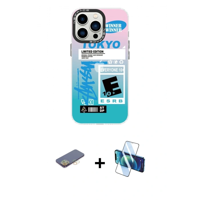 MARSİLYAN™- iPhone 13 Pro Kılıf Siluet Çizgi Koleksiyonu - Siyah 3D Antistatik Seramik Nano Ekran Koruyucu + Renkli Kamera Lens Koruma Cam - SI