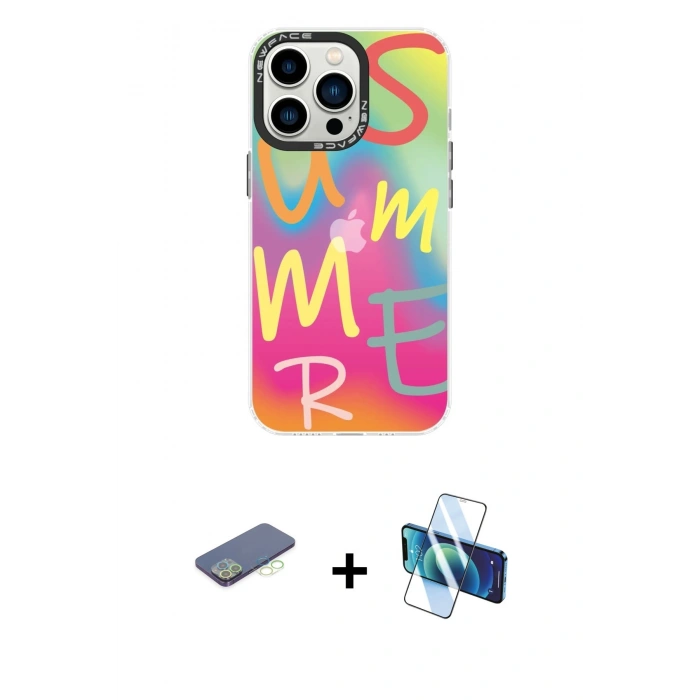 MARSİLYAN™- iPhone 13 Pro Kılıf Siluet Çizgi Koleksiyonu - Siyah 3D Antistatik Seramik Nano Ekran Koruyucu + Renkli Kamera Lens Koruma Cam - YL