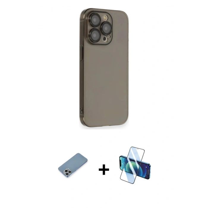 MARSİLYAN™- iPhone 13 Pro Kılıf Siluet Minimal Özel Seri - Siyah 3D Antistatik Seramik Nano Ekran Koruyucu + Shine Kamera Lens Koruma Cam - GI