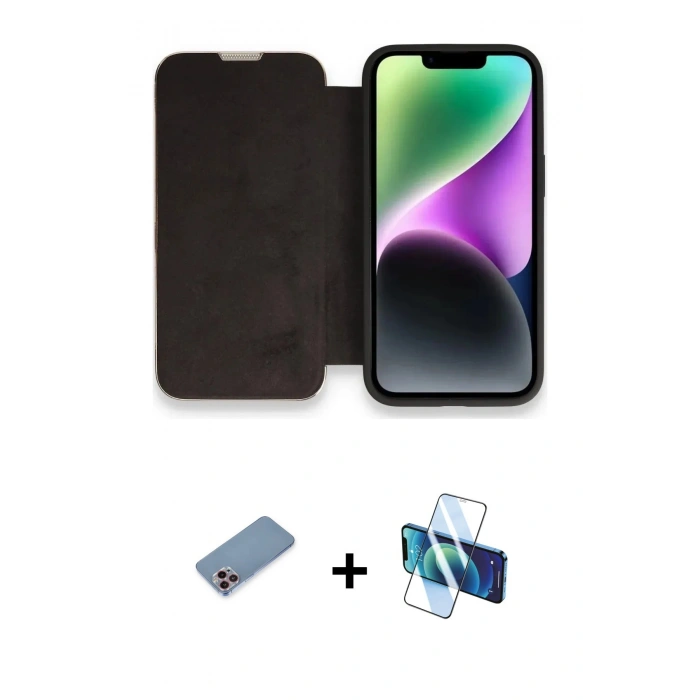 MARSİLYAN™- iPhone 13 Pro Kılıf Siluet Minimal Serisi - Siyah 3D Antistatik Seramik Nano Ekran Koruyucu + Shine Kamera Lens Koruma Cam - PE