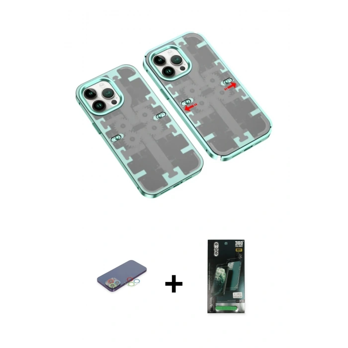 MARSİLYAN™- iPhone 13 Pro Kılıf Ufuk Doku Prime - Şeffaf 360 Full Body Arka Koruyucu + Renkli Kamera Lens Koruma Cam - MI