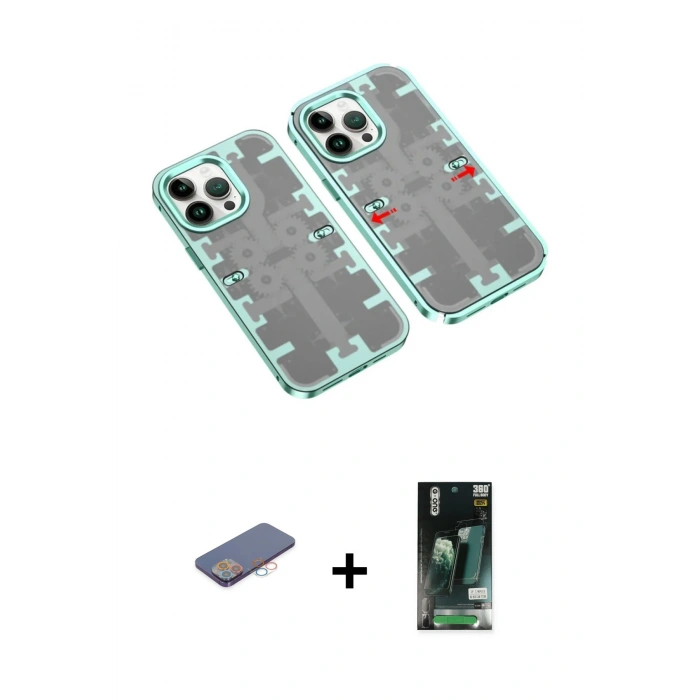 MARSİLYAN™- iPhone 13 Pro Kılıf Ufuk Doku Prime - Şeffaf 360 Full Body Arka Koruyucu + Renkli Kamera Lens Koruma Cam - PE