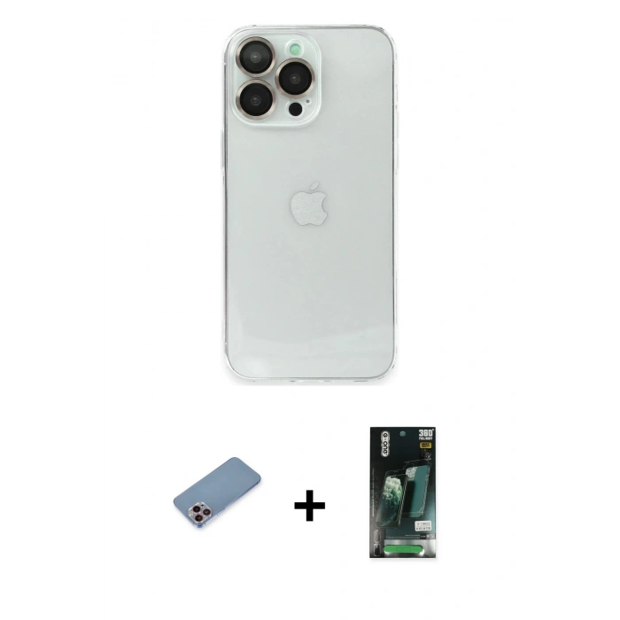 MARSİLYAN™- iPhone 13 Pro Kılıf Ufuk Minimal Özel Seri - Şeffaf 360 Full Body Arka Koruyucu + Shine Kamera Lens Koruma Cam - PE