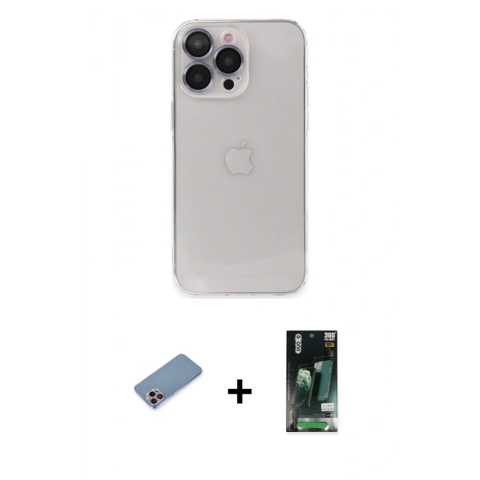 MARSİLYAN™- iPhone 13 Pro Kılıf Ufuk Minimal Özel Seri - Şeffaf 360 Full Body Arka Koruyucu + Shine Kamera Lens Koruma Cam - PE