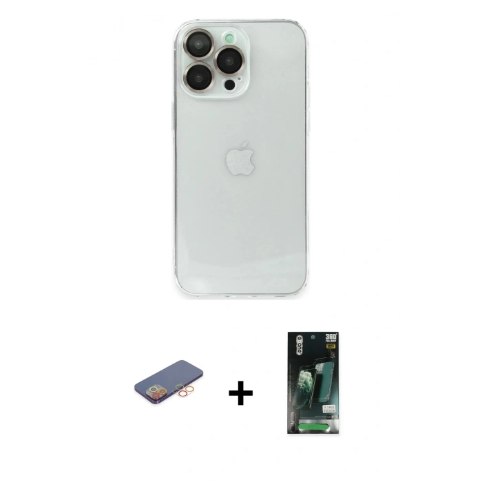 MARSİLYAN™- iPhone 13 Pro Kılıf Ufuk Minimal Özel Seri - Şeffaf 360 Full Body Arka Koruyucu + Renkli Kamera Lens Koruma Cam - TU