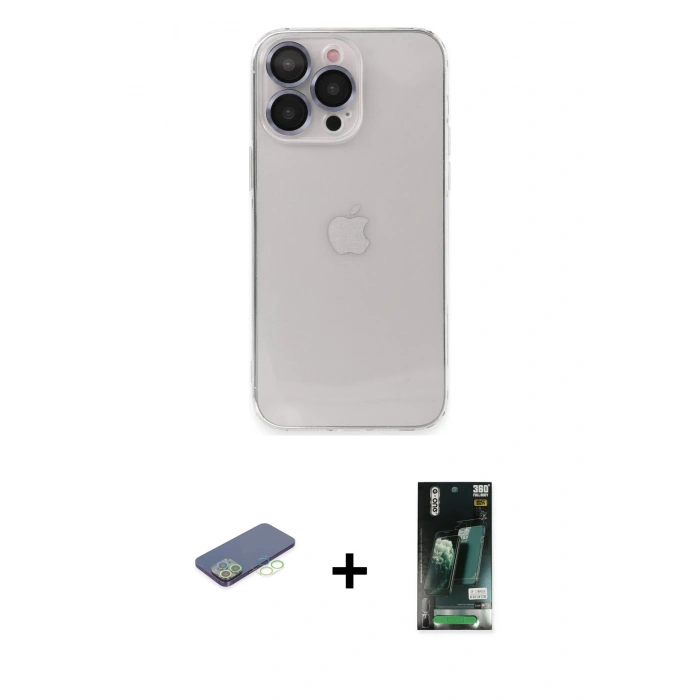MARSİLYAN™- iPhone 13 Pro Kılıf Ufuk Minimal Özel Seri - Şeffaf 360 Full Body Arka Koruyucu + Renkli Kamera Lens Koruma Cam - YL