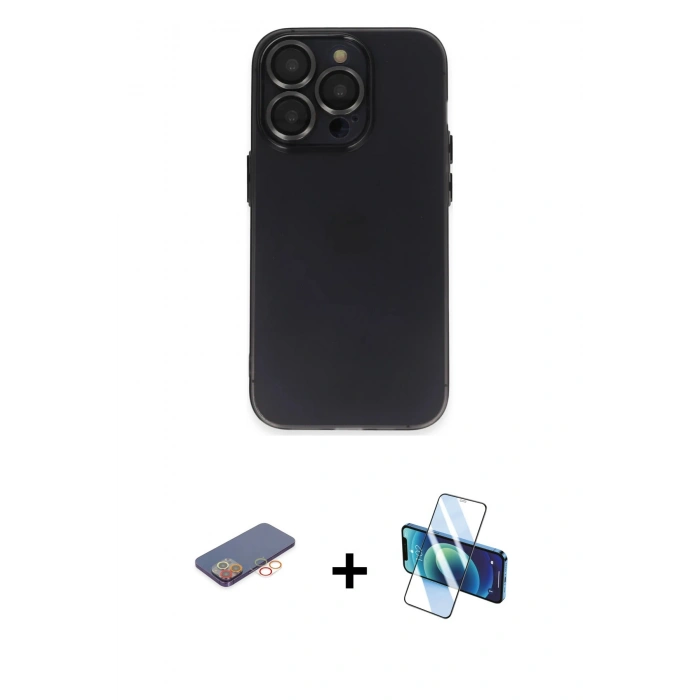 MARSİLYAN™- iPhone 13 Pro Kılıf Ufuk Minimal Özel Seri - Siyah 3D Antistatik Seramik Nano Ekran Koruyucu + Renkli Kamera Lens Koruma Cam - TU