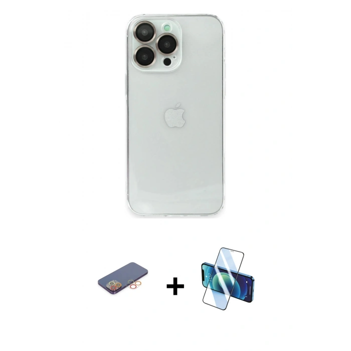 MARSİLYAN™- iPhone 13 Pro Kılıf Ufuk Minimal Özel Seri - Siyah 3D Antistatik Seramik Nano Ekran Koruyucu + Renkli Kamera Lens Koruma Cam - TU