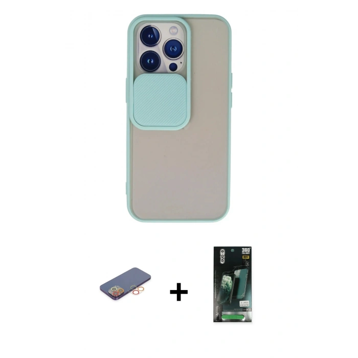 MARSİLYAN™- iPhone 13 Pro Kılıf Vadi Çizgi - Şeffaf 360 Full Body Arka Koruyucu + Renkli Kamera Lens Koruma Cam - TU