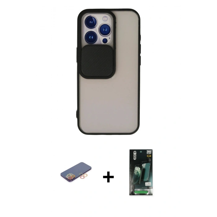 MARSİLYAN™- iPhone 13 Pro Kılıf Vadi Çizgi - Şeffaf 360 Full Body Arka Koruyucu + Renkli Kamera Lens Koruma Cam - TU