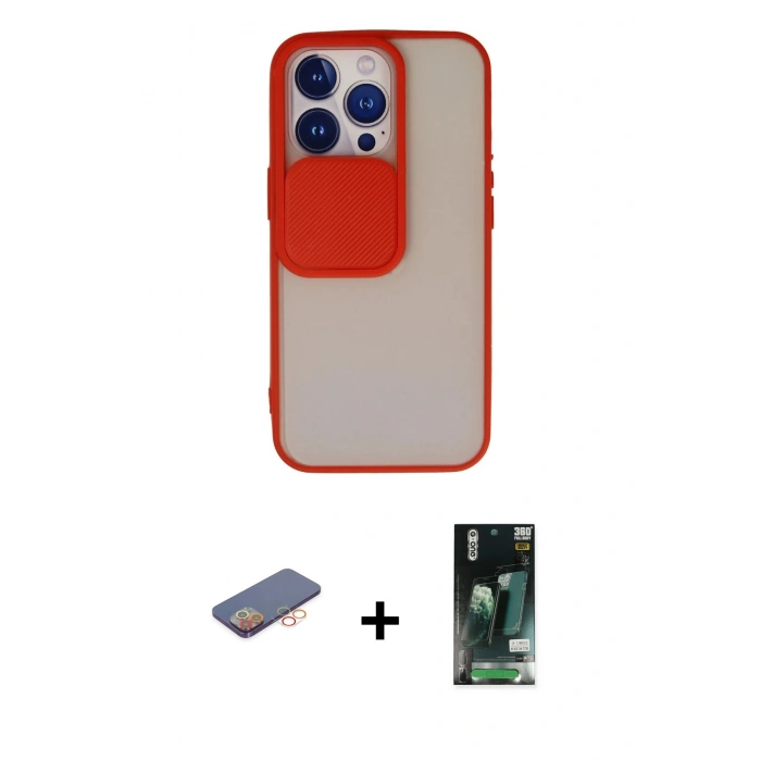 MARSİLYAN™- iPhone 13 Pro Kılıf Vadi Çizgi - Şeffaf 360 Full Body Arka Koruyucu + Renkli Kamera Lens Koruma Cam - TU