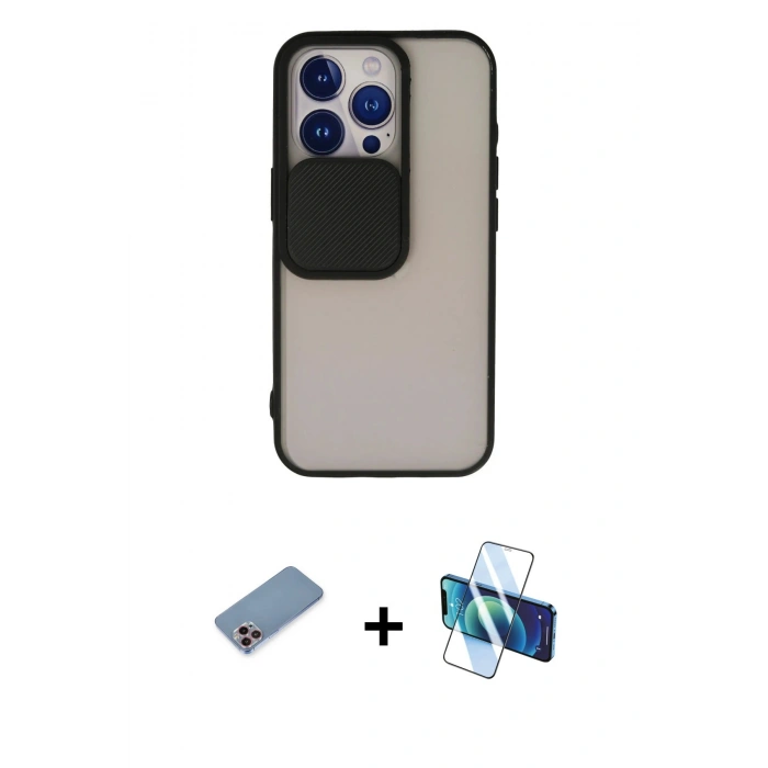 MARSİLYAN™- iPhone 13 Pro Kılıf Vadi Çizgi - Siyah 3D Antistatik Seramik Nano Ekran Koruyucu + Shine Kamera Lens Koruma Cam - PE