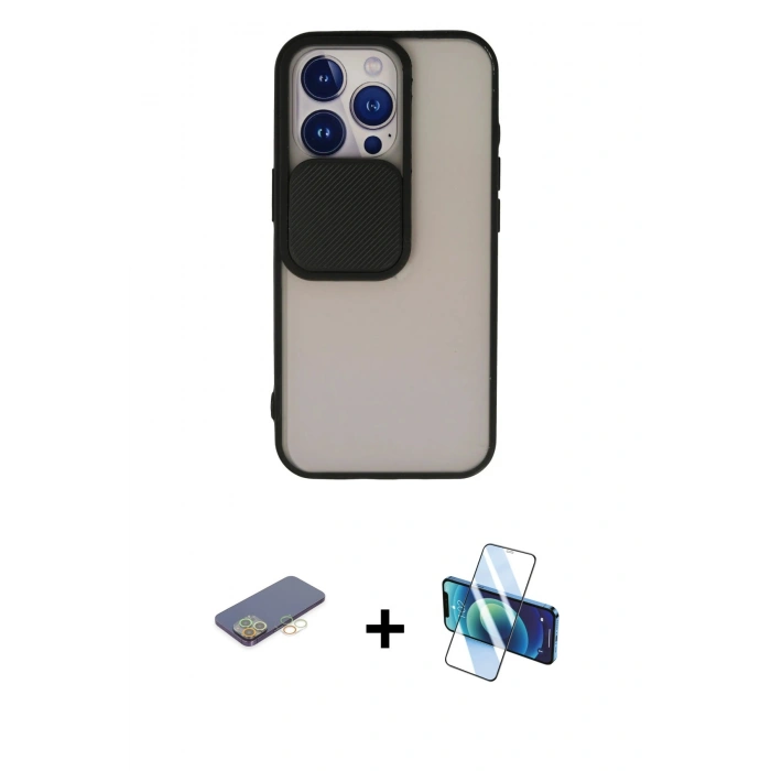 MARSİLYAN™- iPhone 13 Pro Kılıf Vadi Çizgi - Siyah 3D Antistatik Seramik Nano Ekran Koruyucu + Renkli Kamera Lens Koruma Cam - SI