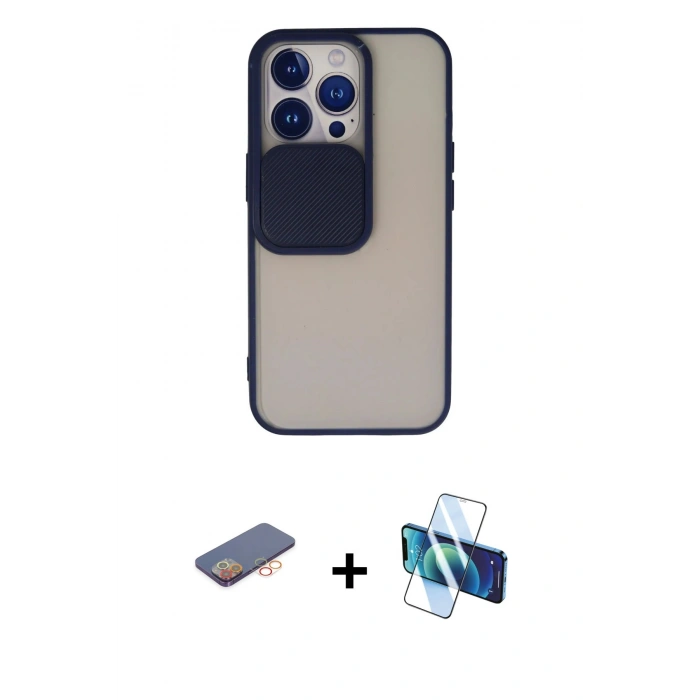 MARSİLYAN™- iPhone 13 Pro Kılıf Vadi Çizgi - Siyah 3D Antistatik Seramik Nano Ekran Koruyucu + Turuncu Renkli Kamera Lens Koruma Cam
