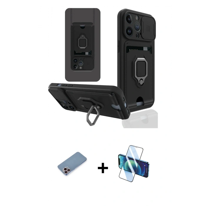 MARSİLYAN™- iPhone 13 Pro Kılıf Vadi Form Prime - Siyah 3D Antistatik Seramik Nano Ekran Koruyucu + Pembe Shine Kamera Lens Koruma Cam