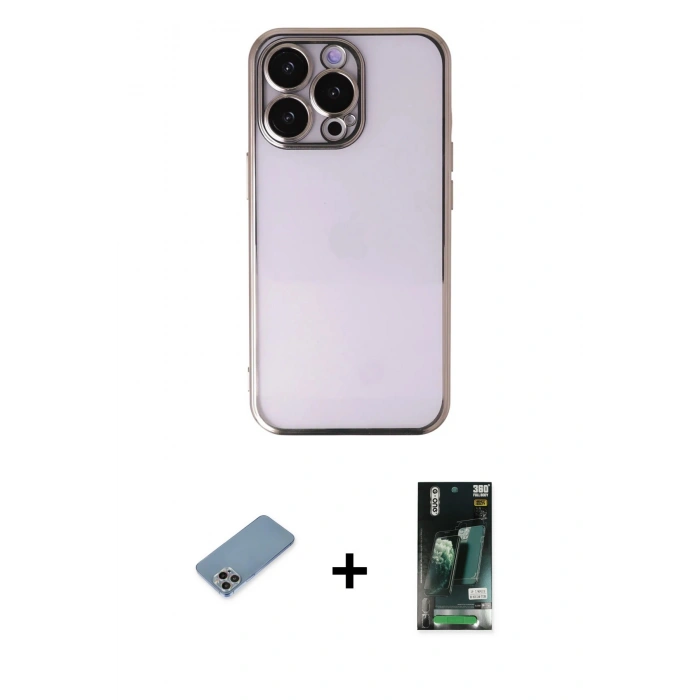 MARSİLYAN™- iPhone 13 Pro Kılıf Vadi Minimal - Şeffaf 360 Full Body Arka Koruyucu + Shine Kamera Lens Koruma Cam - GI