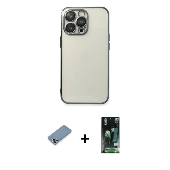 MARSİLYAN™- iPhone 13 Pro Kılıf Vadi Minimal - Şeffaf 360 Full Body Arka Koruyucu + Shine Kamera Lens Koruma Cam - GI