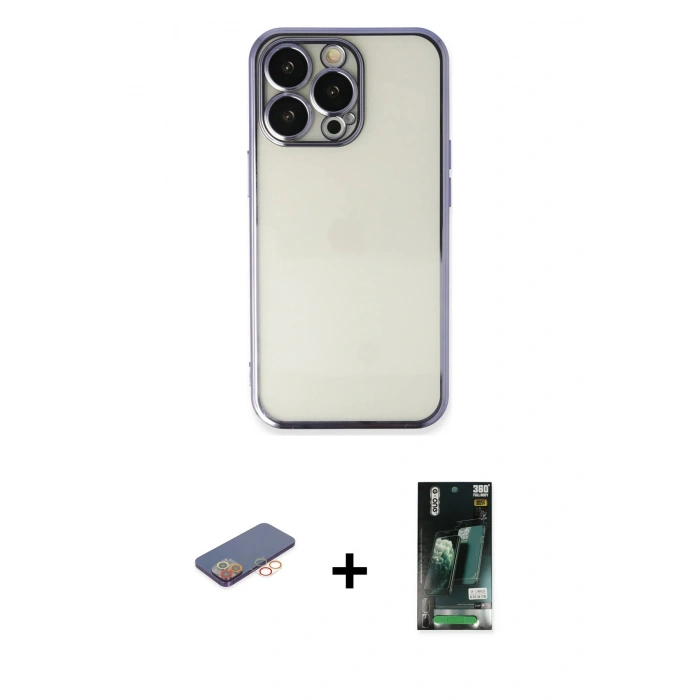 MARSİLYAN™- iPhone 13 Pro Kılıf Vadi Minimal - Şeffaf 360 Full Body Arka Koruyucu + Renkli Kamera Lens Koruma Cam - TU