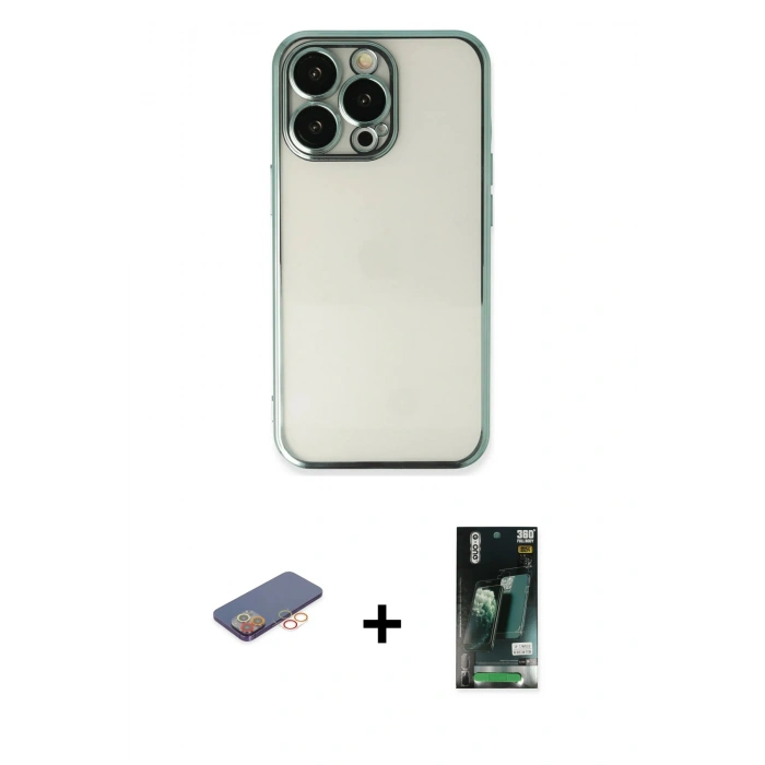 MARSİLYAN™- iPhone 13 Pro Kılıf Vadi Minimal - Şeffaf 360 Full Body Arka Koruyucu + Renkli Kamera Lens Koruma Cam - TU