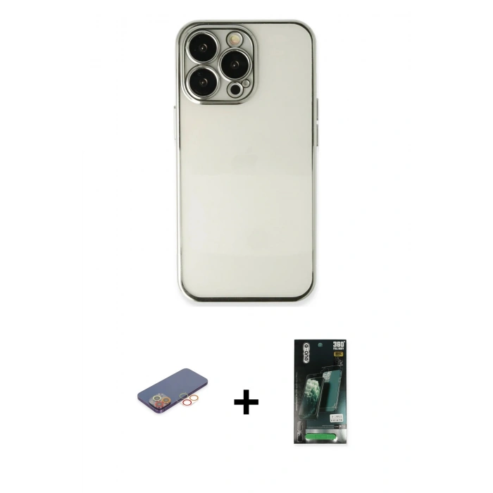 MARSİLYAN™- iPhone 13 Pro Kılıf Vadi Minimal - Şeffaf 360 Full Body Arka Koruyucu + Renkli Kamera Lens Koruma Cam - TU