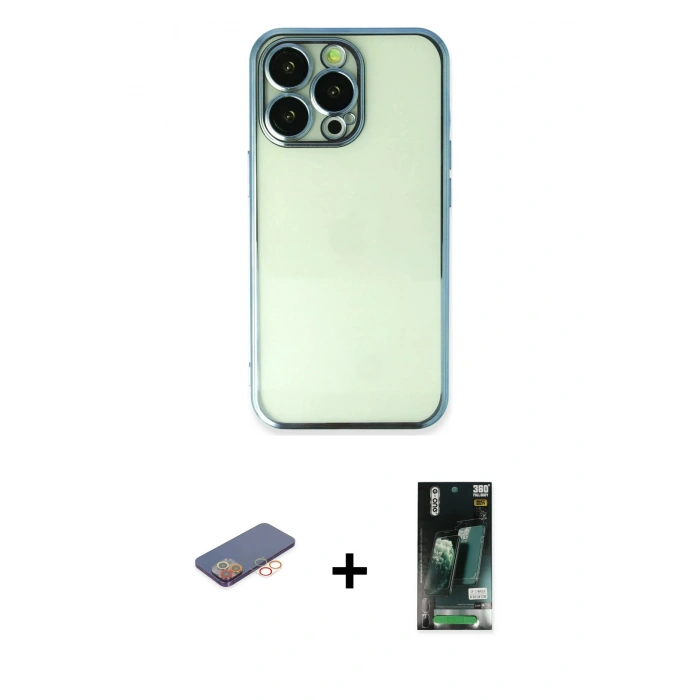 MARSİLYAN™- iPhone 13 Pro Kılıf Vadi Minimal - Şeffaf 360 Full Body Arka Koruyucu + Renkli Kamera Lens Koruma Cam - TU