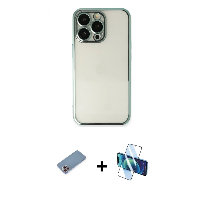 MARSİLYAN™- iPhone 13 Pro Kılıf Vadi Minimal - Siyah 3D Antistatik Seramik Nano Ekran Koruyucu + Shine Kamera Lens Koruma Cam - PE